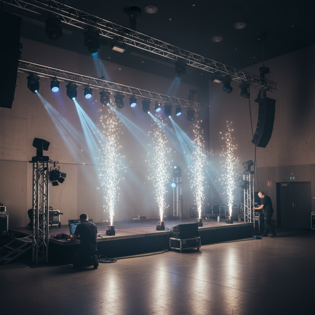 Indoor Bühne mit kontrollierten Kaltfunken und Haze, Techniker justieren Effekte